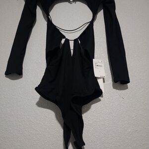 Good American Black Long Sleeve Bodysuit with Front Cut-Out